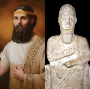 Abraham by Emily Gordon side-by-side with an image of the statue of Idrimi via the Maxwell Institute.